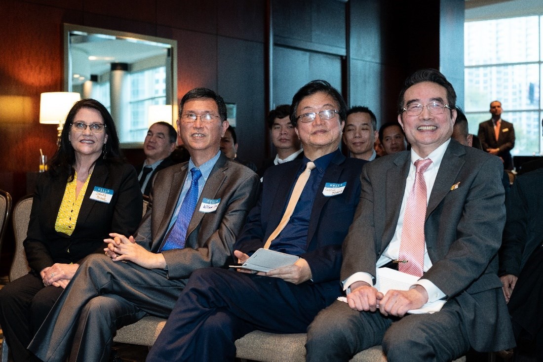 Leaders and VIP at the press conference 。 From left：Janis Burke, Chief Executive of the Houston Sports Authority; Li Mingdong, Vice Chairman of the 18th World Xiangqi Championship; Collin Zheng, Vice Chairman of World Xiangqi Federation, Chairman of the Organizing Committee of the 18th World Xiangqi Championship, and Chairman of American Xiangqi Association; James Shu, Co Chairman of the 18th World Xiangqi Organizing Committee and Vice Chairman of the Houston Xiangqi Association